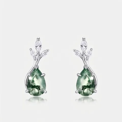 925 Sterlingsilber Moosachat Ohrstecker Natürliche Grüne Tropfenform Edelstein Zirkonia Blatt Eingelegte Ohrringe Für Damen Schmuck