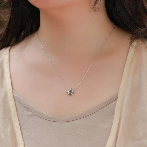 S925 Sterling Silber Moosachat Sonnenstrahl Anhänger Halskette Elegant Geometrisch Naturstein Strass Schmuck Für Damen Geschenk
