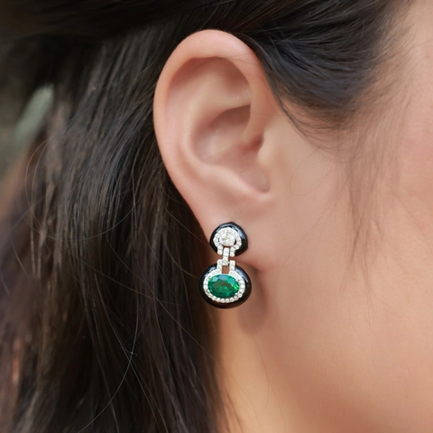 Vintage Art Deco Lab-Grown Emerald Stud Earrings 925 Sterling Silver Black Enamel Inlaid Rhinestone Jewelry For Women