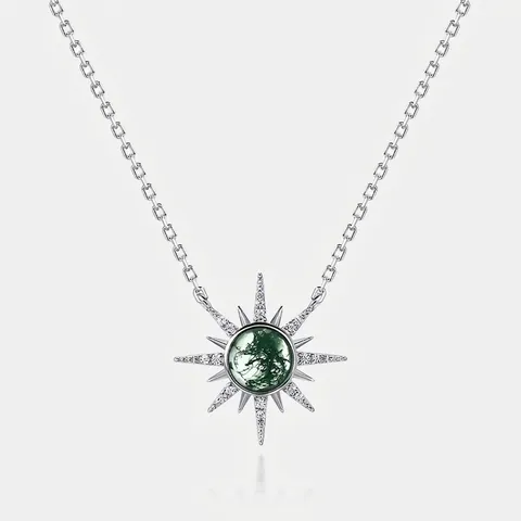 S925 Sterling Silber Moosachat Sonnenstrahl Anhänger Halskette Elegant Geometrisch Naturstein Strass Schmuck Für Damen Geschenk
