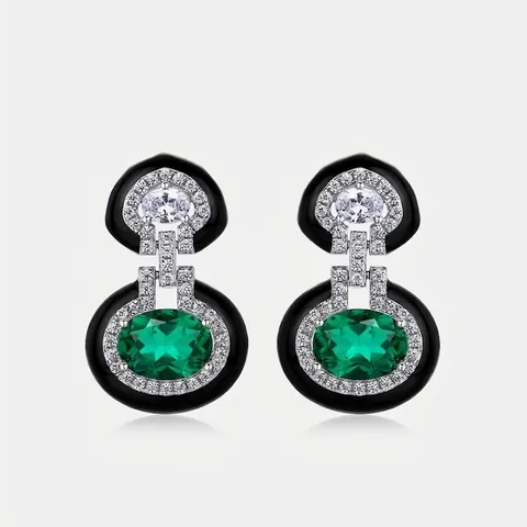 Vintage Art Deco Lab-Grown Emerald Stud Earrings 925 Sterling Silver Black Enamel Inlaid Rhinestone Jewelry For Women