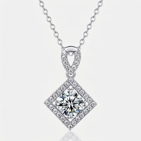 Collar de Plata de Ley 925 con Diamante de Laboratorio Colgante de Halo Geométrico para Mujer VS EF Grado Piedra Redonda Joyería de Lujo