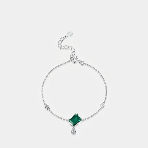 Pulsera de Plata de Ley 925 Con Esmeralda Creada en Laboratorio para Mujer Vintage Geométrica Piedra Verde Ajustable Joyería