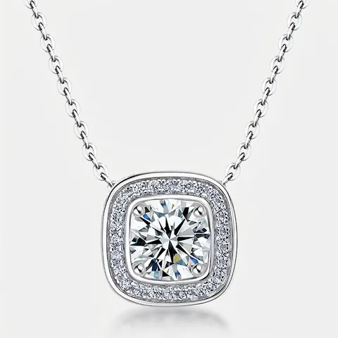Collana con Pendente in Argento Sterling 925 Halo Quadrato con Diamante di Laboratorio Zirconia Taglio Rotondo Catena Geometrica Elegante