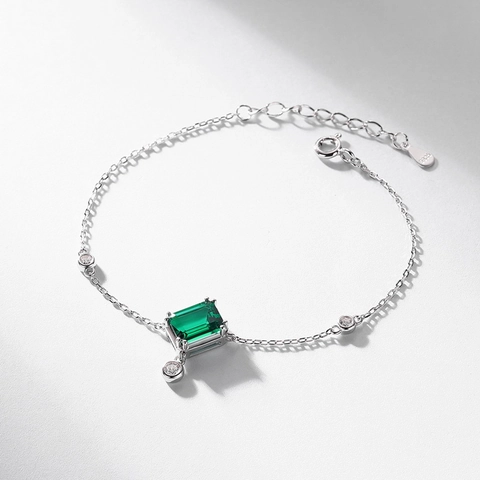 Pulsera de Plata de Ley 925 Con Esmeralda Creada en Laboratorio para Mujer Vintage Geométrica Piedra Verde Ajustable Joyería
