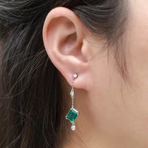 S925 Sterling Silver Asymmetric Lab Created Green Emerald Drop Earrings For Women Vintage Elegant Rhinestone Jewelry Gift