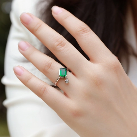 Bague en Argent Sterling S925 Avec Émeraude de Culture Bague Ouverte Réglable Rétro Pour Femme Bijoux de Luxe