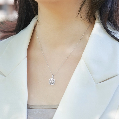 925 Sterling Silver Lab-Grown Diamond Necklace Geometric Square Halo Pendant Round Cut Sparkling Clavicle Chain Jewelry For Women Gift