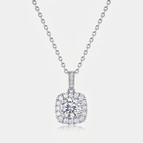 925 Sterling Silver Lab-Grown Diamond Necklace Geometric Square Halo Pendant Round Cut Sparkling Clavicle Chain Jewelry For Women Gift