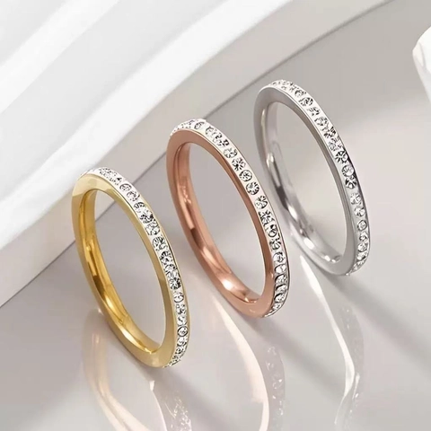 Stainless Steel Eternity Ring For Women Minimalist Full Pavé Rhinestone Thin Band Elegant Fashion Jewelry Stackable Ring