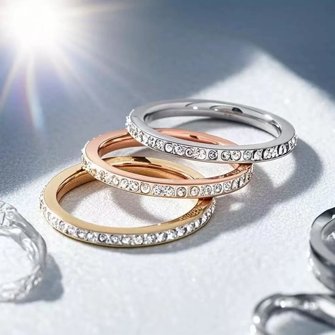 Stainless Steel Eternity Ring For Women Minimalist Full Pavé Rhinestone Thin Band Elegant Fashion Jewelry Stackable Ring