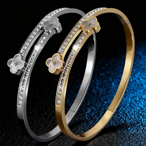 Roestvrij Stalen Dubbel Klavertje Vier Bangle Met Strass Inleg Open Manchet Armband Mode Sieraden Voor Dames