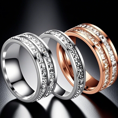 Anello Pave di Strass Quadrati in Acciaio Inossidabile per Donna Oro Oro Rosa Argento Placcato Doppia Fila Gioielli di Moda