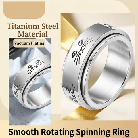 Stainless Steel Spinner Ring Cute Cat Face Pattern Rotatable Anxiety Relief Band For Men And Women Fashion Jewelry