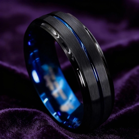 Anello in Acciaio al Titanio da Uomo Nero Blu Bicolore Spazzolato Bordo Lucido Hip Hop Band Anello per Uomo Gioielli Regalo