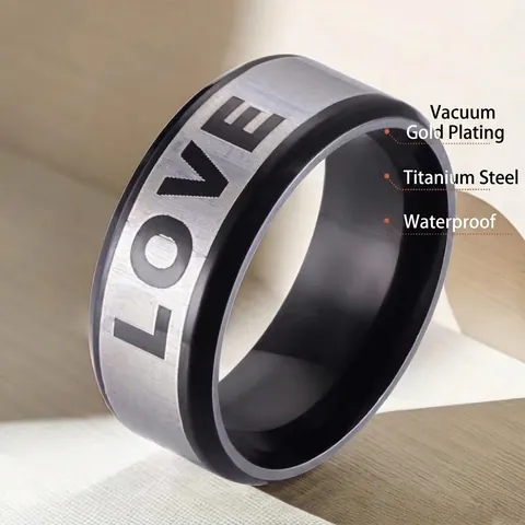 Anello da Uomo in Acciaio al Titanio Con Scritta LOVE Minimalista Argento Nero Bicolore Fascia Larga Gioielli di Moda