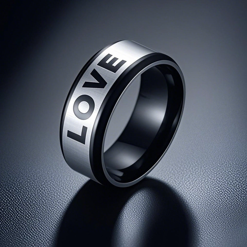 Anello da Uomo in Acciaio al Titanio Con Scritta LOVE Minimalista Argento Nero Bicolore Fascia Larga Gioielli di Moda