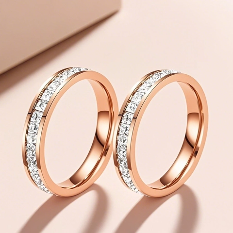 Anello Eternity In Acciaio Al Titanio Con Zirconi Quadrati Intarsio A Cerchio Completo Gioielli Eleganti Per Donna