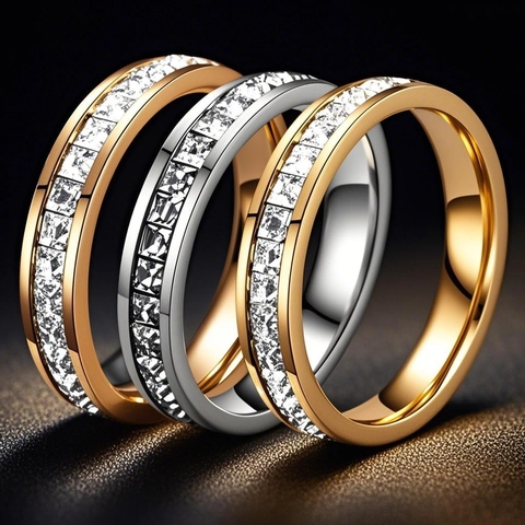 Eternity Band Ring Stainless Steel Cubic Zirconia Inlaid Polished Fashion Jewelry Non Tarnish For Women Men
