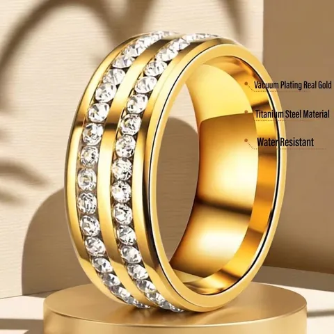 Titanium Steel Zircon Rings For Women Double Row Square Round Rhinestone Inlaid Stainless Steel Band Ring Ins Fashion