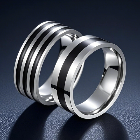 Anello Minimalista in Acciaio al Titanio per Uomo Donna Design con Scanalatura a Righe in Smalto Nero Gioielli Hip Hop Anello