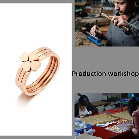 Anillo de Trébol de Cuatro Hojas de Acero de Titanio para Mujer Banda de Tres Capas Geométrica Galvanizada Joyería Oro Rosa Plata