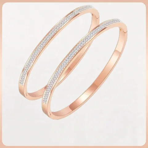 Women Stainless Steel Rhinestone Bangle 18K Gold Plated Hinged Oval Cuff Bracelet For Wedding Banquet Party Fashion Jewelry
