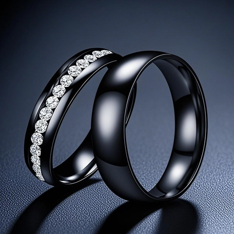 Minimalist Black Stainless Steel Band Ring For Men Women Couple Rhinestone Inlaid Mirror Finish Finger Jewelry Gift