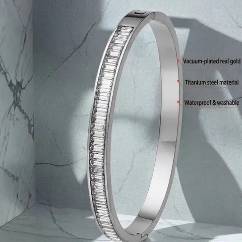 Light Luxury Titanium Steel Bangle For Women Gold Silver Plated Baguette Rhinestone Inlaid Open Bracelet Fashion Jewelry Gift