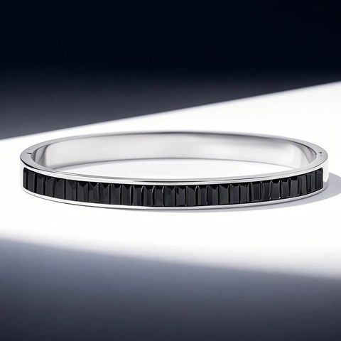 Luxury Titanium Stainless Steel Bangle For Women Geometric Inlaid Black Rhinestone Open Cuff Bracelet Fashion Jewelry Gift