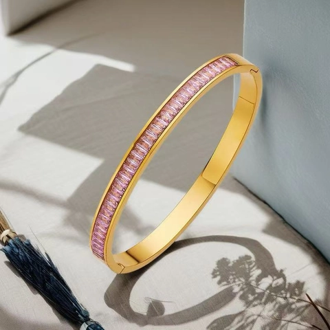 Bracciale Rigido In Acciaio Inossidabile Placcato Oro Con Strass Baguette Per Donna Gioielli Design Di Nicchia Minimalista