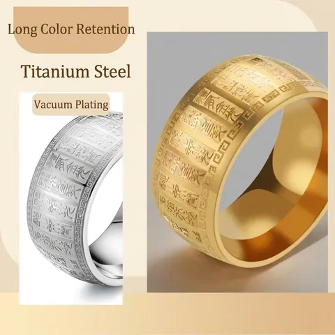 Anillo de Banda de Acero de Titanio Grabado con el Sutra del Corazón para Hombre Mujer Joyería de Acero Inoxidable Oro Plata
