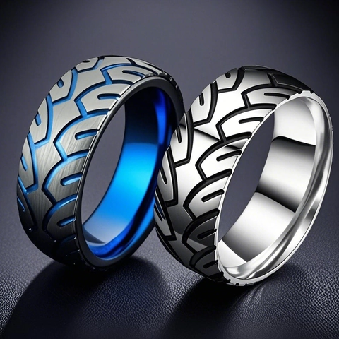 Industrial Titanium Steel Tire Tread Ring For Men Hip Hop Non-Fading Etched Band Ring Cool Blue Silver Men Jewelry