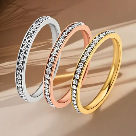 Minimalist Stainless Steel Rhinestone Open Ring Waterproof Thin Eternity Band Fashion Jewelry Finger Ring For Women Gift
