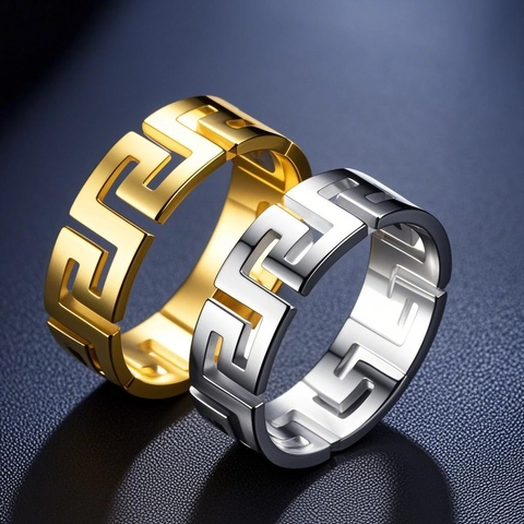 Anello in Acciaio al Titanio con Greca Greca per Unisex Svuotato con Motivo a Grande Muraglia Anello in Acciaio Inossidabile Gioielli