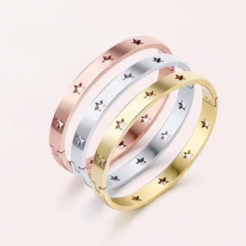 Bracciale Rigido in Acciaio Inossidabile con Stella Traforata per Donna Moda Minimalista Geometrico Pentagramma Oro Argento Gioielli
