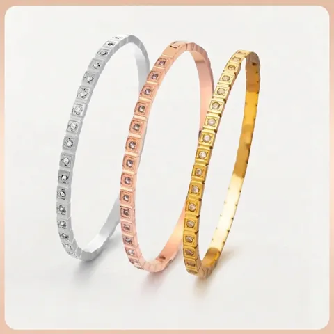 Ins Style Stainless Steel Pave Rhinestone Bangle For Women Geometric Square Inlaid Bracelet Gold Rose Gold Silver Jewelry