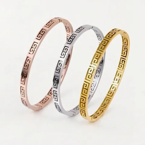 Bracciale Rigido Vintage in Acciaio Inossidabile con Motivo a Greca per Donna Stile Palazzo Retro Gioielli Galvanici