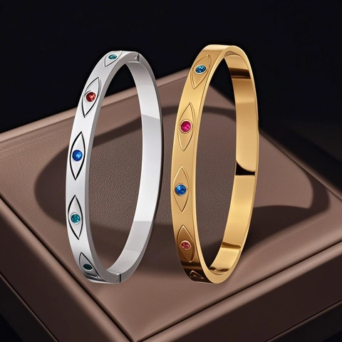 Elegant Stainless Steel Evil Eye Bangle For Women Gold Silver Plated Colorful Rhinestone Inlaid Hinged Jewelry Bracelet