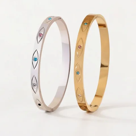 Elegant Stainless Steel Evil Eye Bangle For Women Gold Silver Plated Colorful Rhinestone Inlaid Hinged Jewelry Bracelet