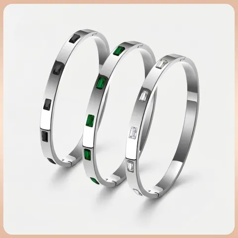 Fashion Titanium Steel Rhinestone Bangle For Women Men Minimalist Gold Silver Plated Rectangular Stone Hinged Bracelet Jewelry Gift
