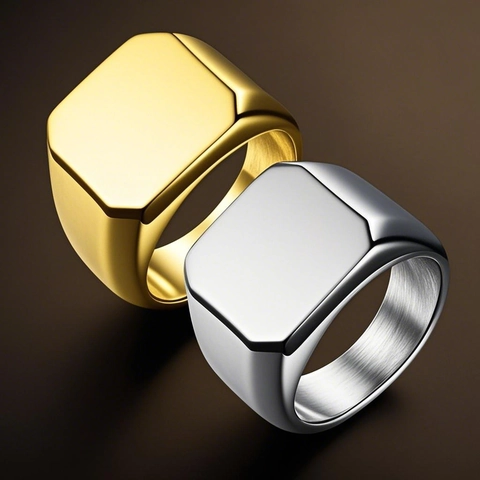 Minimalist Stainless Steel Signet Ring For Men Gold Silver Black Square Round Heart Geometric Finger Jewelry Ring