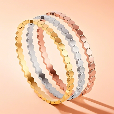 Stainless Steel Honeycomb Hexagon Bangle For Women Geometric Rhinestone Inlaid Fashion Jewelry Polished Hand Bangle Gift