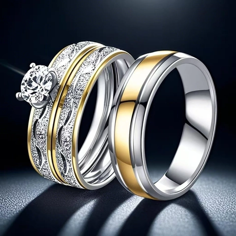 Couple Rings Stainless Steel Titanium Zircon Engagement Promise Ring Frosted Texture Engraved Pattern Jewelry For Lovers