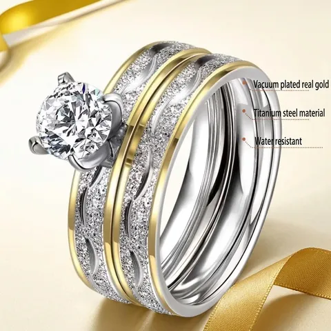 Couple Rings Stainless Steel Titanium Zircon Engagement Promise Ring Frosted Texture Engraved Pattern Jewelry For Lovers