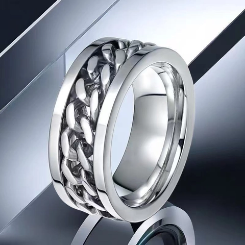 Stainless Steel Rotatable Chain Spinner Ring For Men Women Industrial Roman Numerals Frosted Finish Anti Stress Finger Ring Jewelry