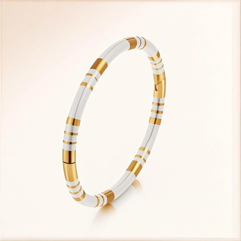 Bracciale Rigido in Acciaio Inossidabile Smaltato per Donna Placcato Oro Design a Bambù con Strisce Geometriche Gioielli Regalo