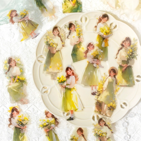 Retro PET Charakter Blumen Aufkleber Frühlingsgedicht Serie Transparente Dekorative Material Für Scrapbooking DIY Journal Aufkleber