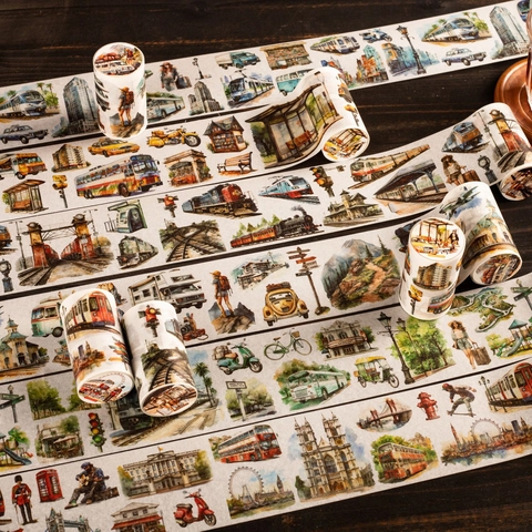 Nastro Washi Vintage Urban Street View Retro Acquerello Architettura Trasporto Auto Treno Autobus Decorativo Scrapbooking Masking Tape