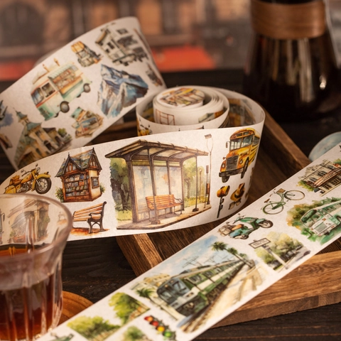 Nastro Washi Vintage Urban Street View Retro Acquerello Architettura Trasporto Auto Treno Autobus Decorativo Scrapbooking Masking Tape